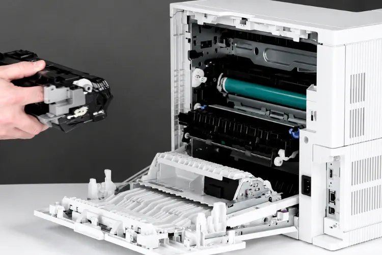 Technician removing a fuser assembly from an enterprise laser printer during repair